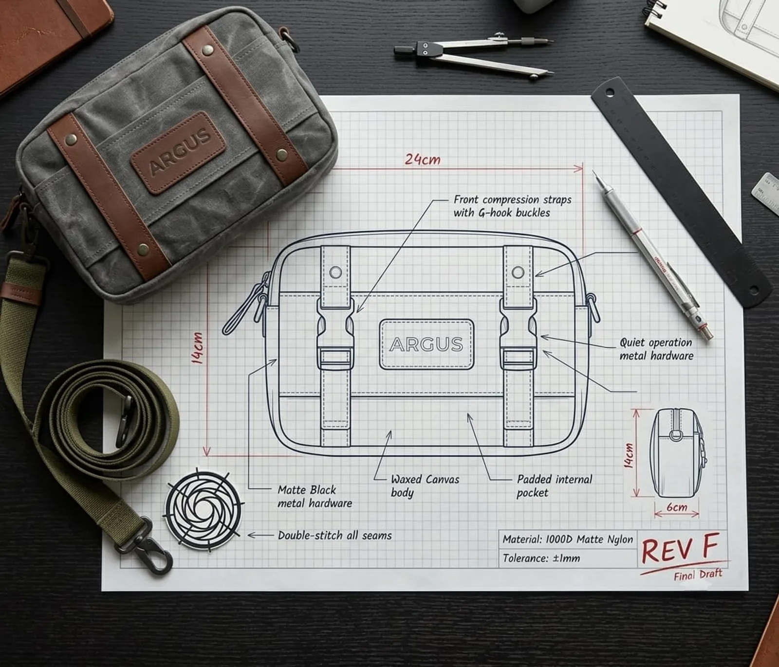 ARGUS Micro לצד שרטוט REV F על שולחן העבודה